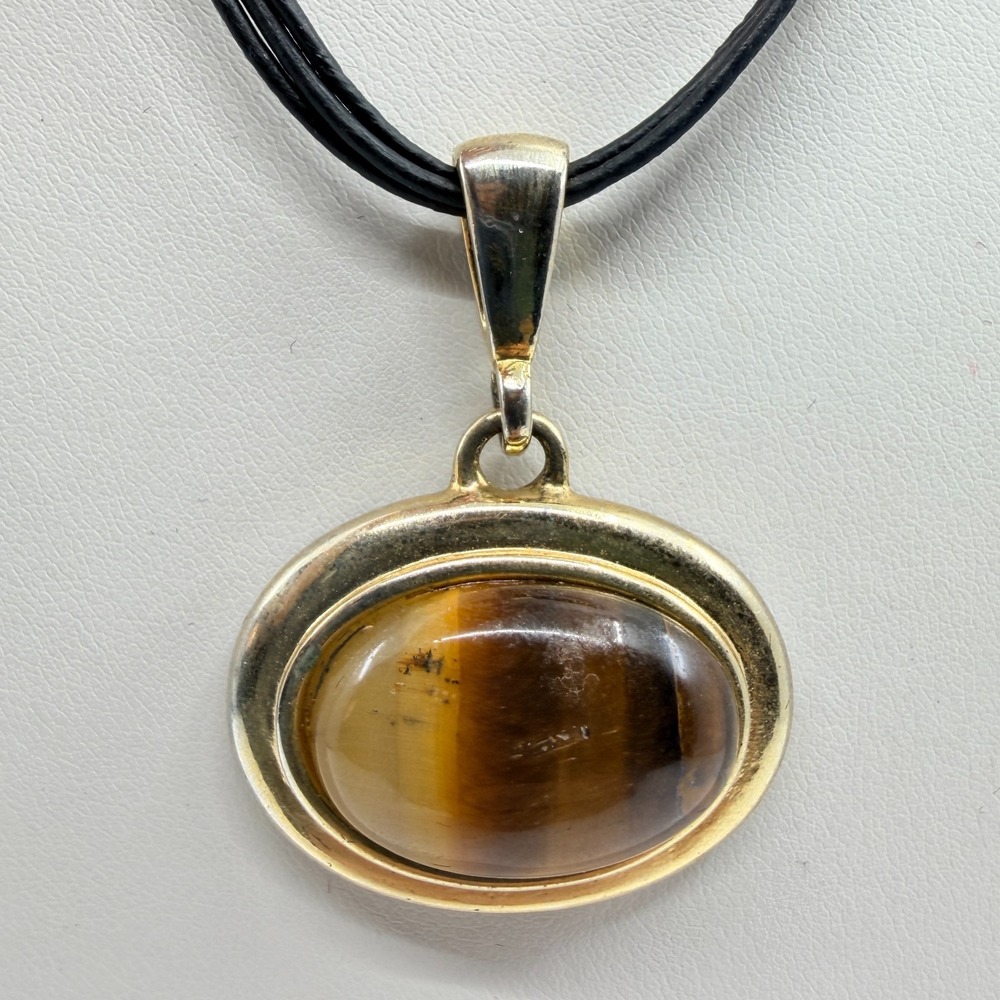 Vintage Tigers Eye‎ Pendant Necklace Gold Tone Black Cord Bohemian Statement 90s